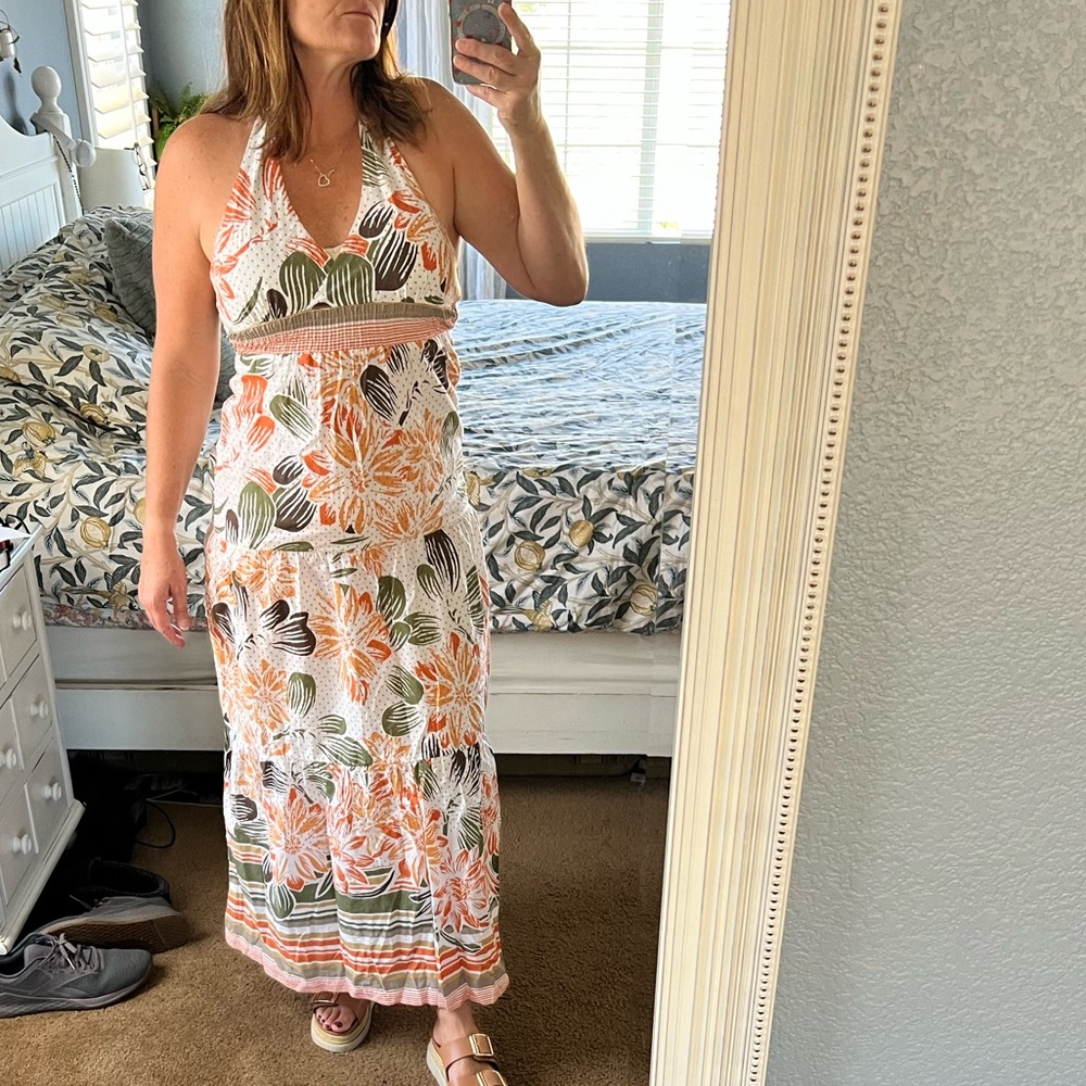 O'Neill Tropical Polka Dot Multicolor Ruffled Cotton Halter Maxi Dress